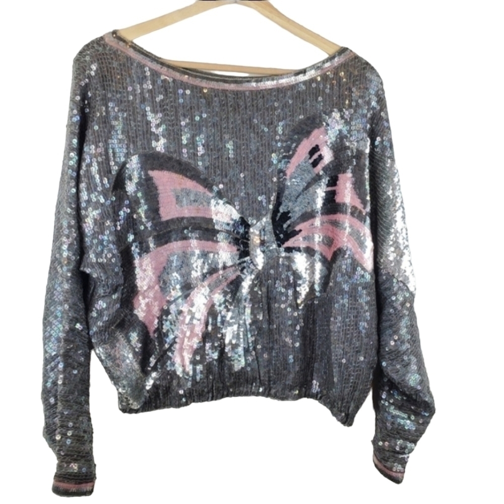 VINTAGE Sequin Top Medium Iridescent Silk Dolman Sleeves Wide Neck Rare Bow